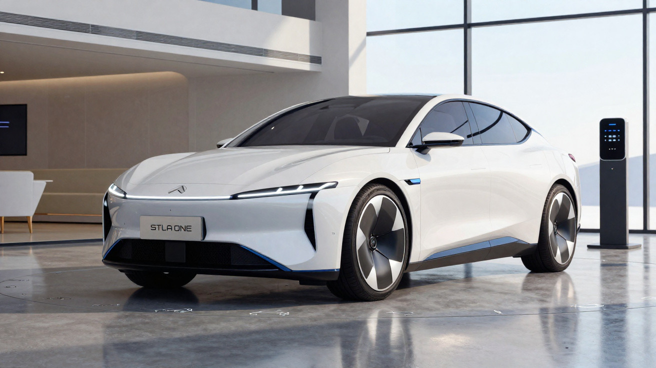 Carro elétrico Stla One branco estacionado em ambiente interno moderno com carregador ao fundo.