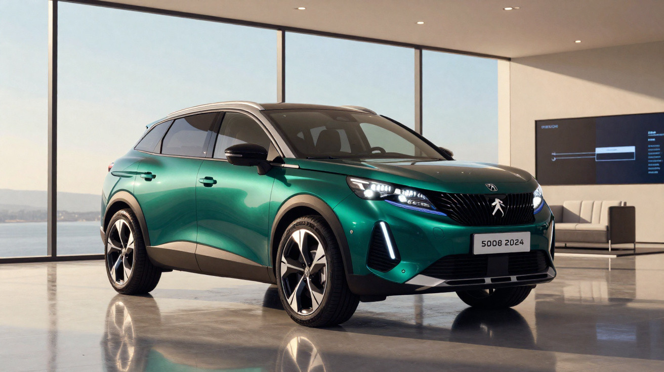 Carro SUV verde escuro Peugeot 5008 2024 em showroom moderno com grandes janelas.