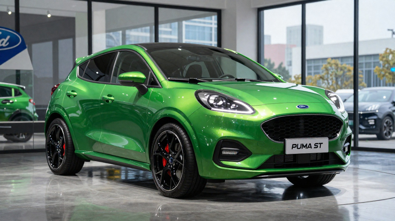 Carro verde Ford Puma ST esportivo exibido em showroom com rodas pretas e detalhes em vermelho.