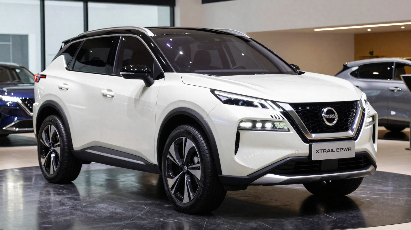 SUV Nissan X-Trail branco com teto e retrovisores pretos em exposição interna.