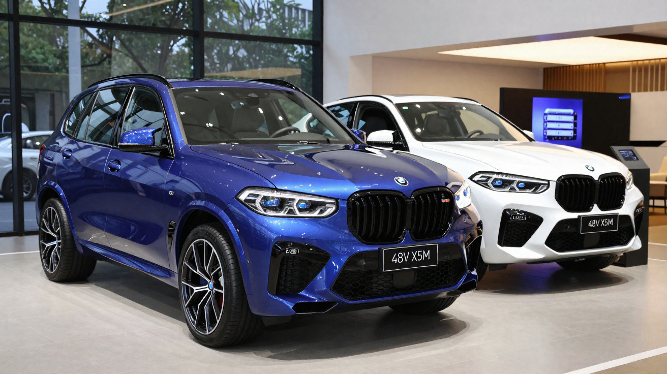 Dois carros BMW X5M, um azul e um branco, expostos em showroom moderno e iluminado.