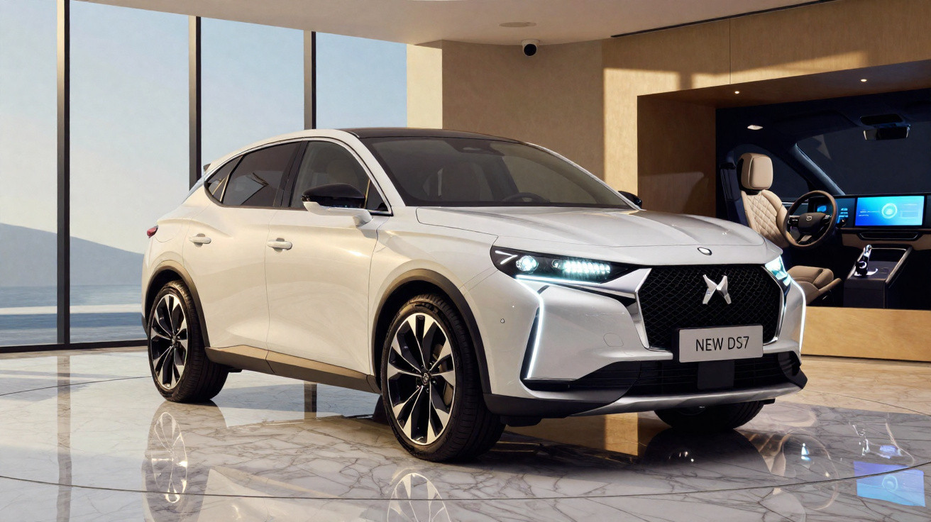 Carro SUV elétrico branco DS7 em showroom moderno com iluminação natural e piso de mármore.