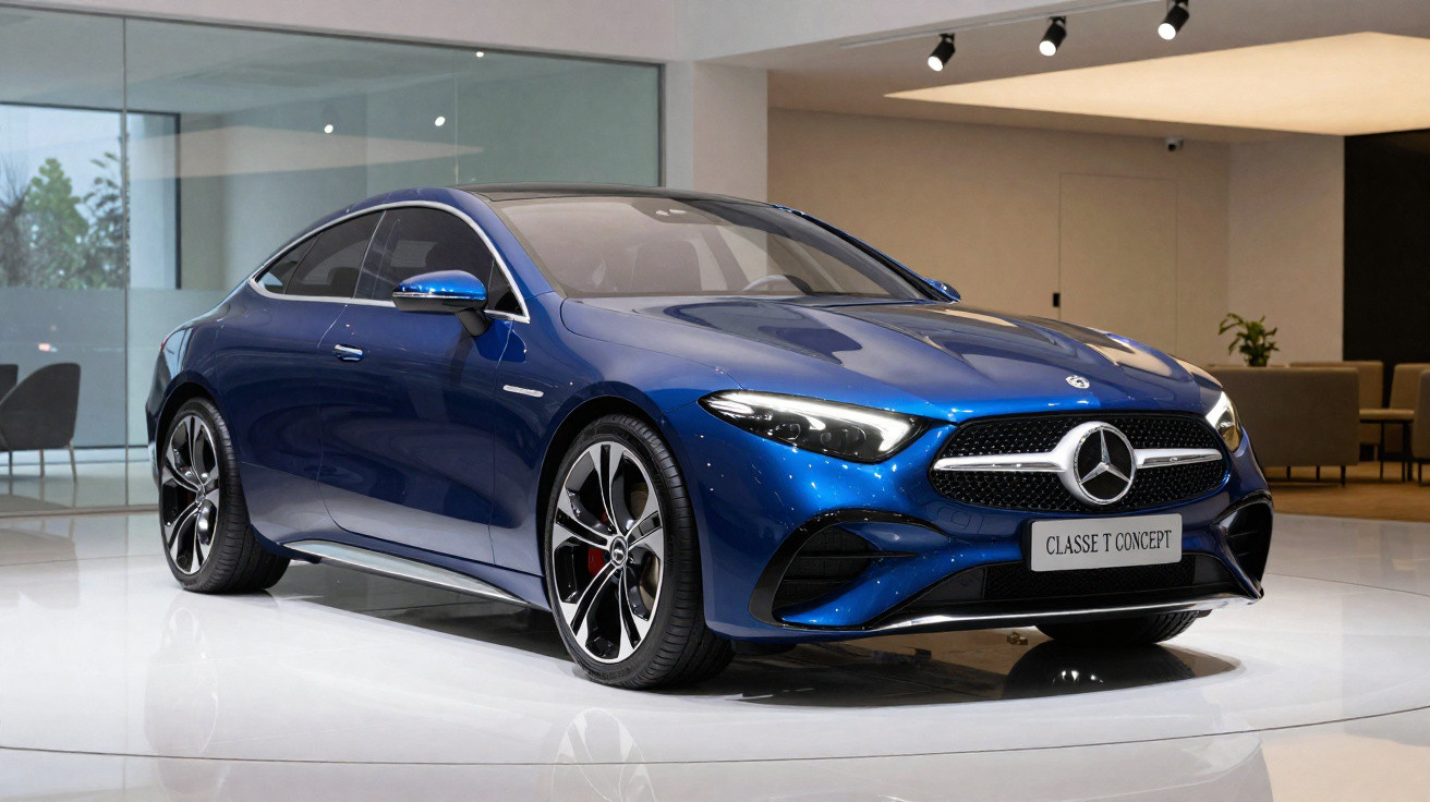 Carro conceito Mercedes-Benz Classe T azul em exposição em ambiente interno moderno e iluminado.
