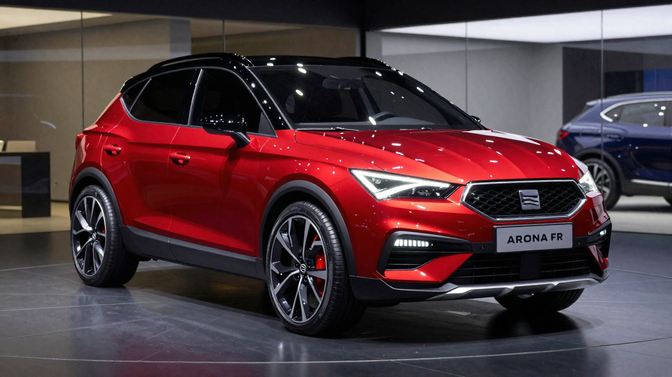 Carro SUV compacto vermelho com teto preto e detalhes esportivos exibido em exposição interna.