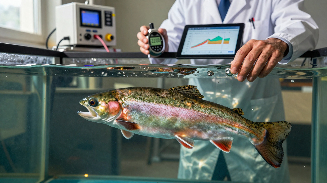 Peixe nadando em tanque com cientista medindo tempo e análise gráfica ao fundo em laboratório.