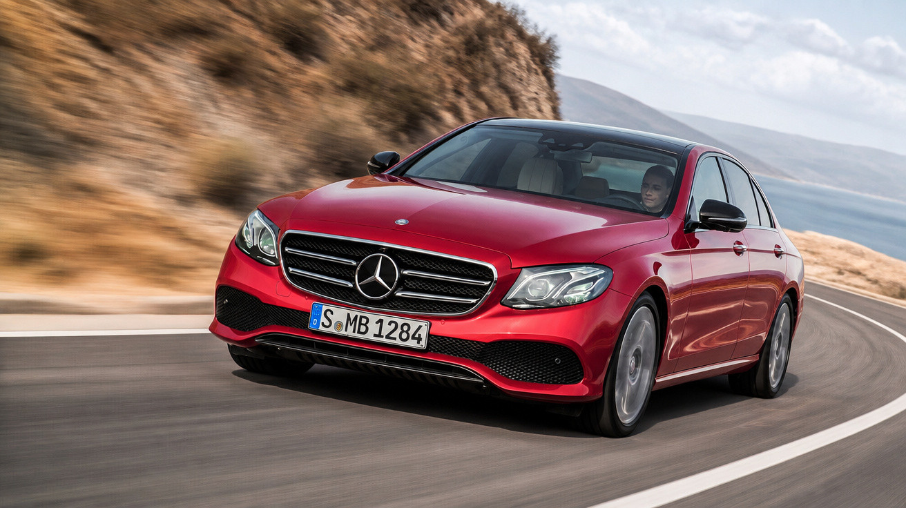Carro Mercedes-Benz vermelho modelo sedan em curva na estrada com paisagem seca ao fundo.