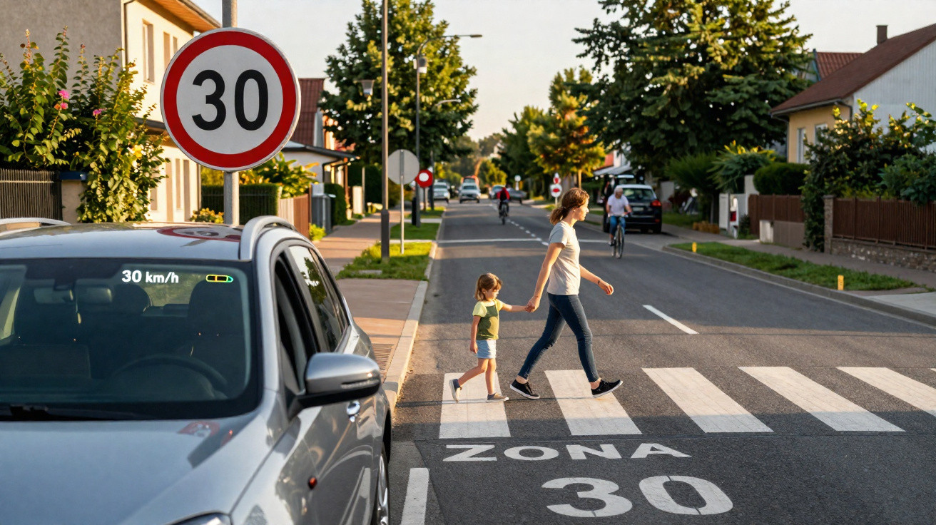Mulher e criança atravessam faixa de pedestres em área residencial com limite de velocidade de 30 km/h.