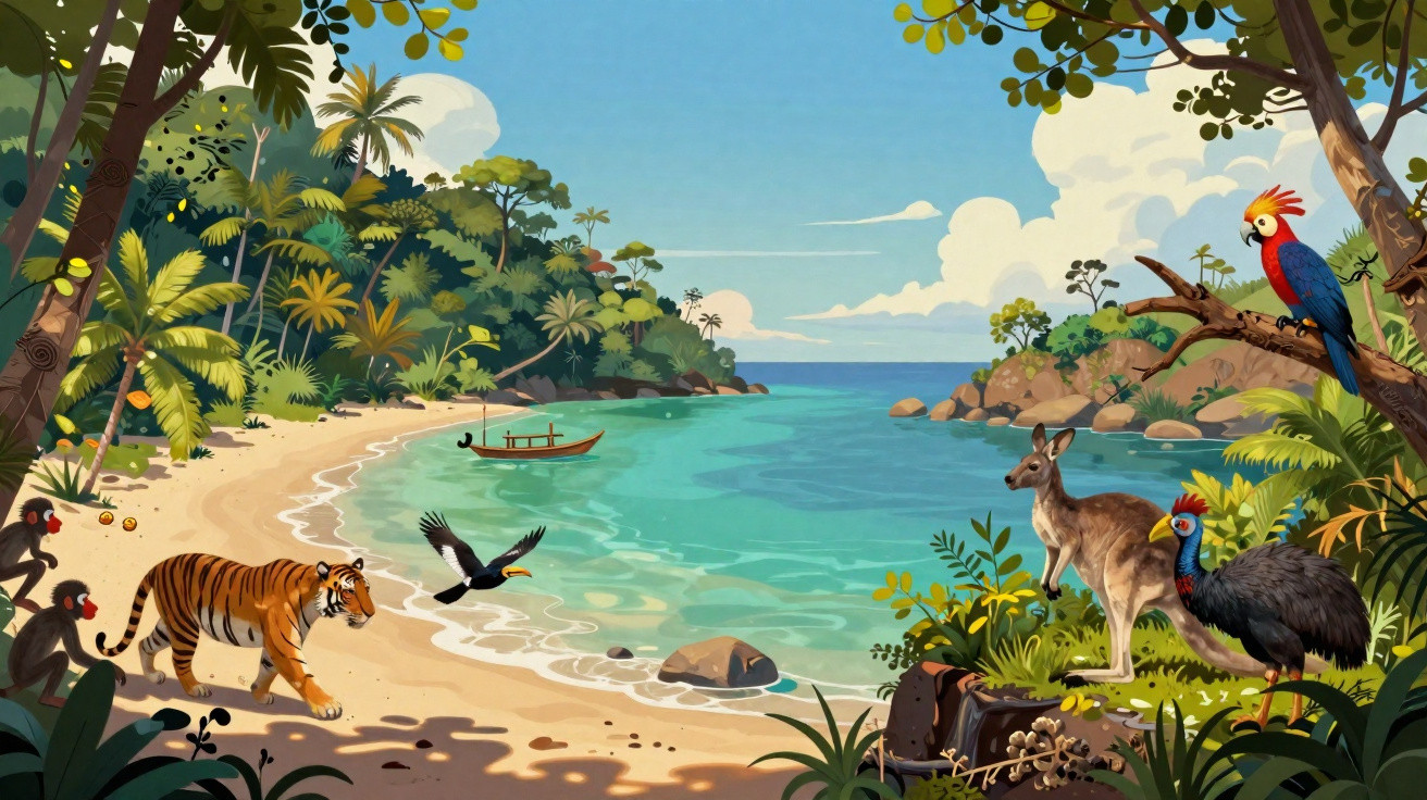 Costa tropical com animais selvagens como tigre, canguru, tucano e papagaio em floresta próxima ao mar.
