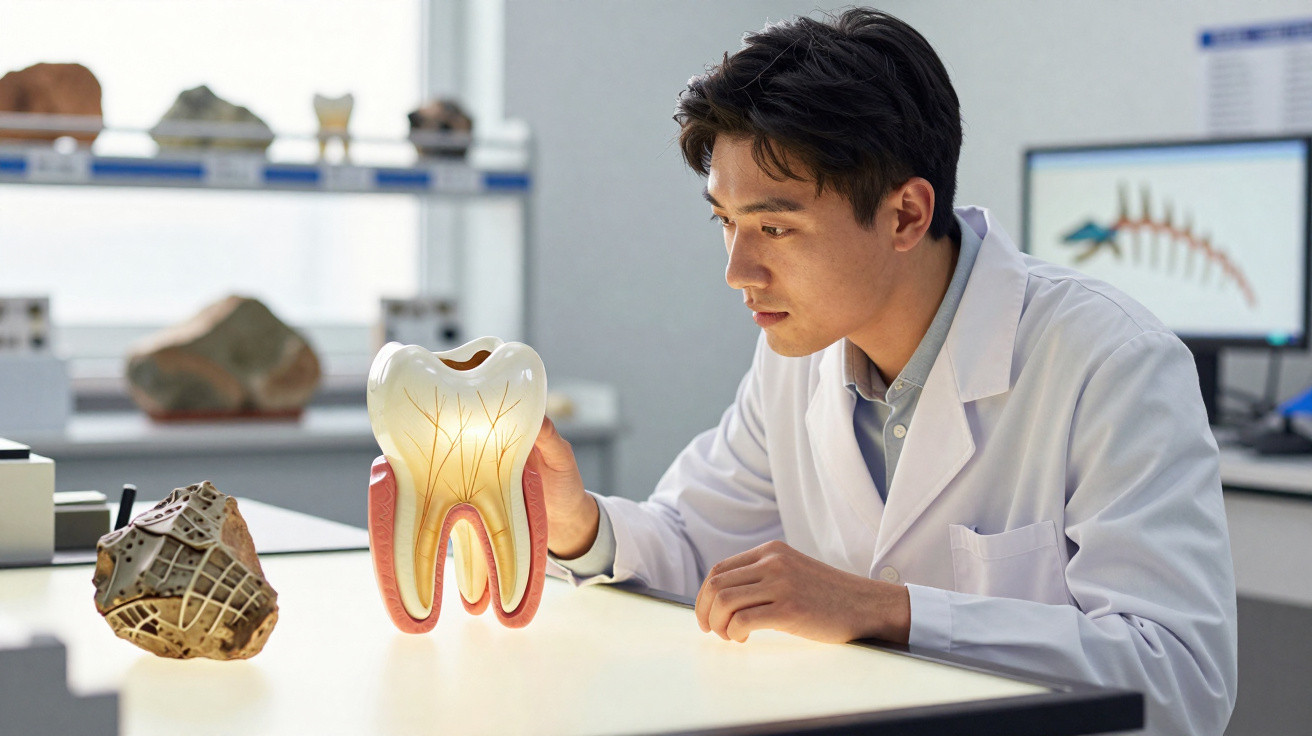 Homem em jaleco branco estudando modelo aumentado de dente em laboratório odontológico.