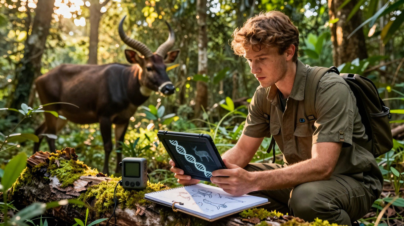 Jovem cientista analisa dados genéticos em tablet na floresta enquanto animal selvagem observa ao fundo.