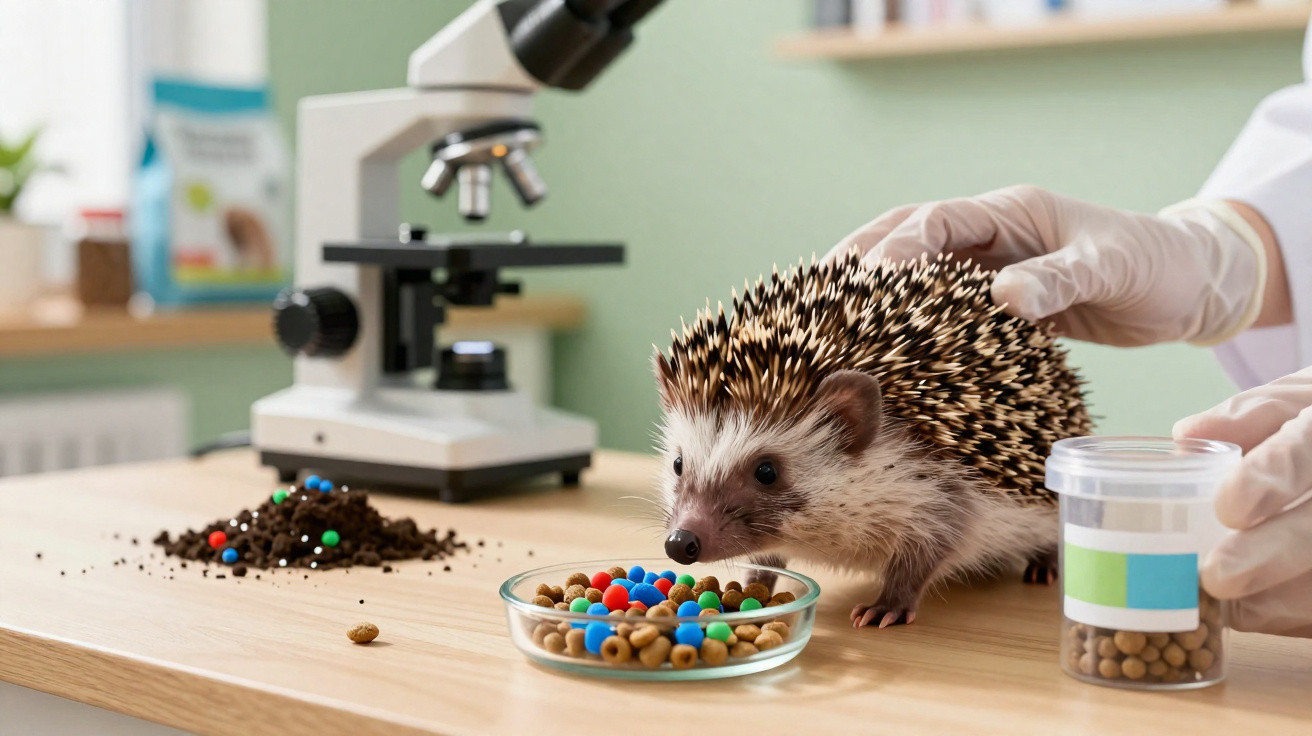 Ouriço em laboratório sendo examinado por cientista, com comida colorida e microscópio na mesa.