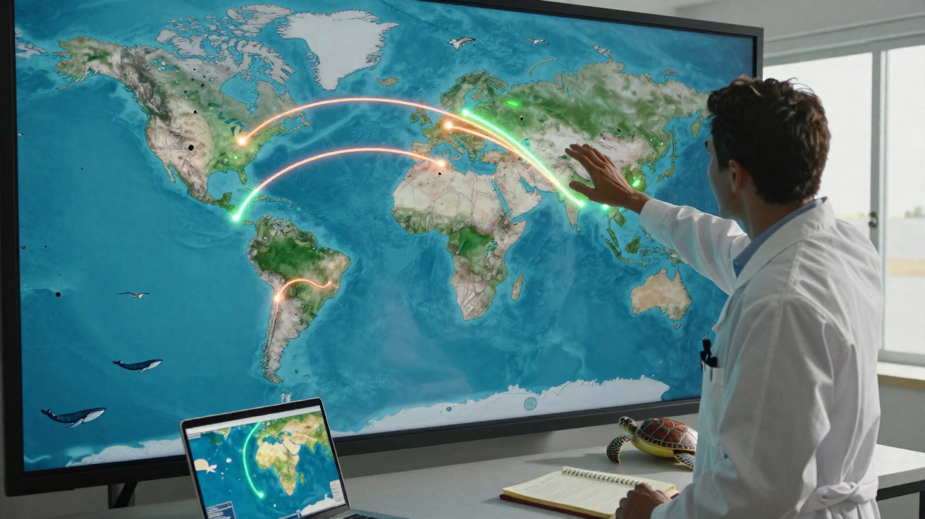 Homem com jaleco interage com mapa-múndi digital mostrando conexões globais em uma tela grande.