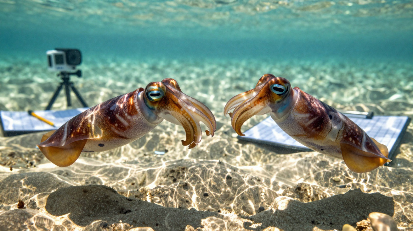 Duas lulas nadando próximas ao fundo do mar com câmera e pranchetas ao fundo em água clara.