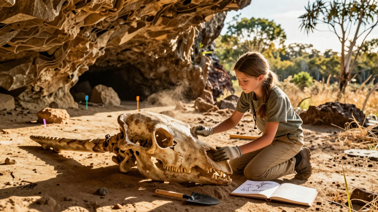 Menina escavando osso gigante pré-histórico perto de caverna, com ferramentas e caderno aberto ao lado.