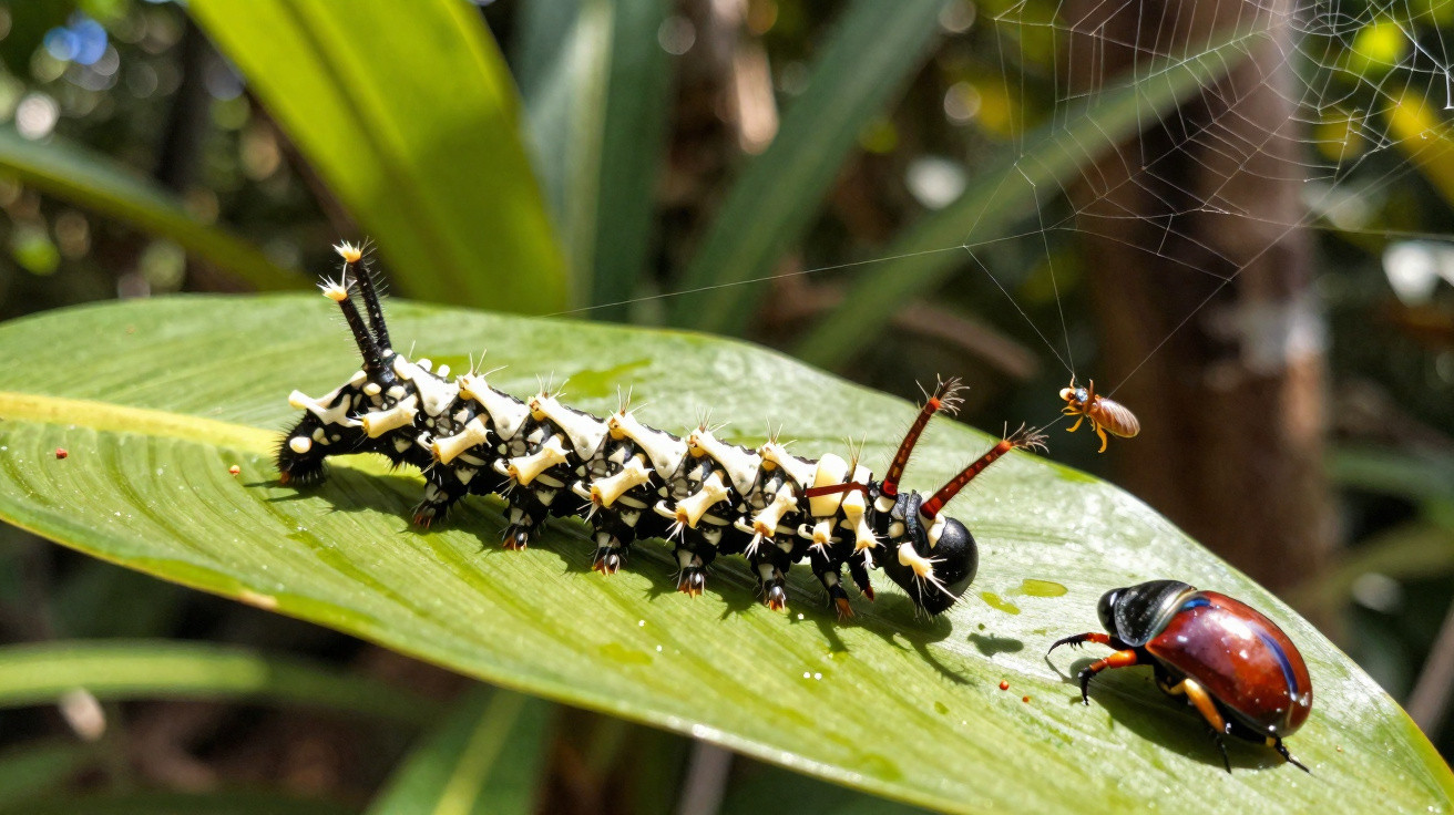 Lagarta preta com manchas brancas e espinhos em folha verde com besouro marrom e pequena mosca ao redor.