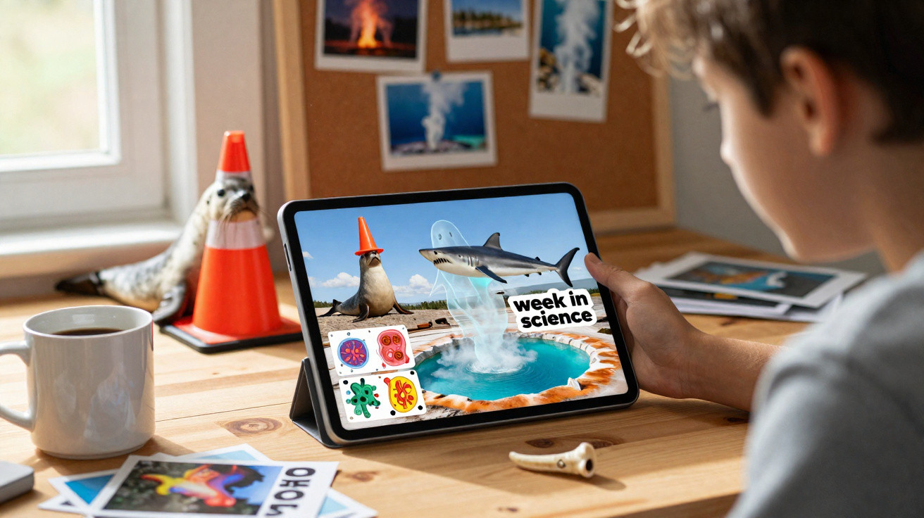 Criança brincando com tablet que exibe imagens de tubarão, pinguim e vírus em realidade aumentada.