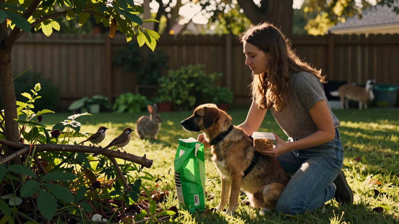 Mulher alimenta cachorro no jardim enquanto pássaros e coelhos observam ao redor.