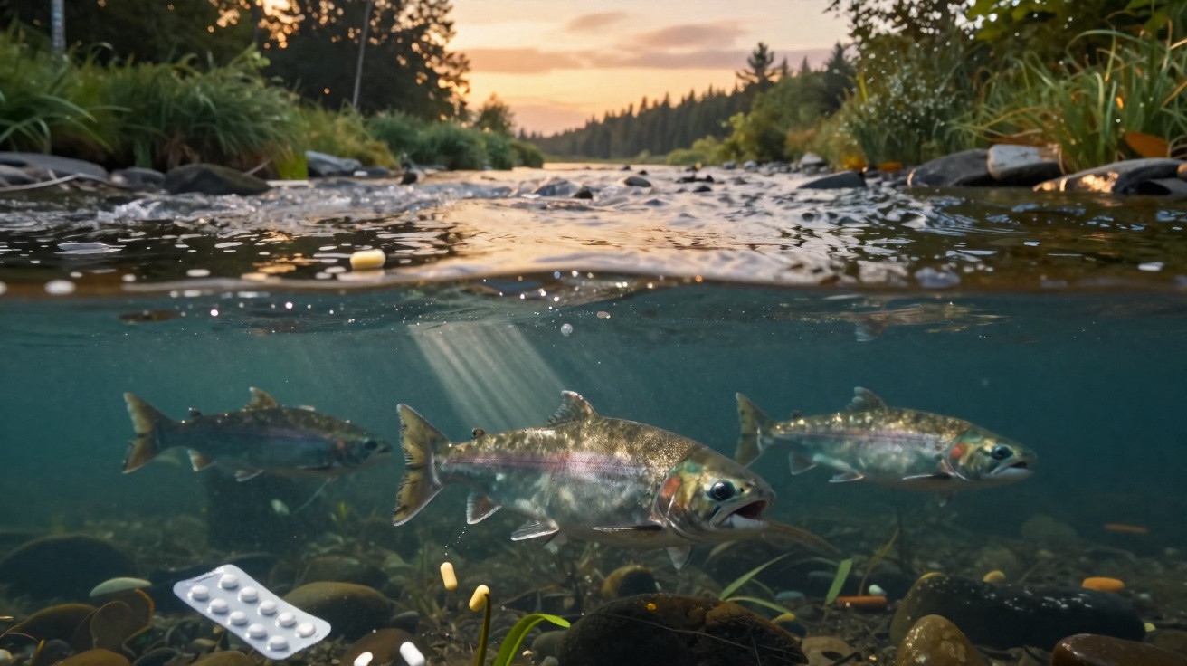 Peixes nadando em rio com cápsulas e comprimidos no fundo, em pôr do sol natural.