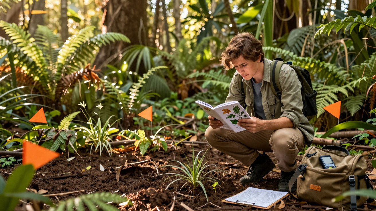 Jovem estudando plantas na floresta, com livro, caderno e mochila ao redor, cercado por marcas laranjas no chão.