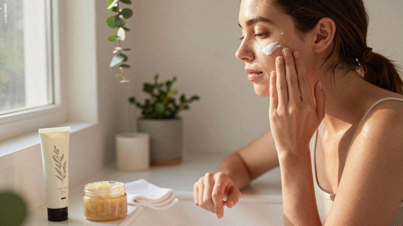 Mulher aplicando creme facial em ambiente iluminado com produtos e plantas ao fundo.