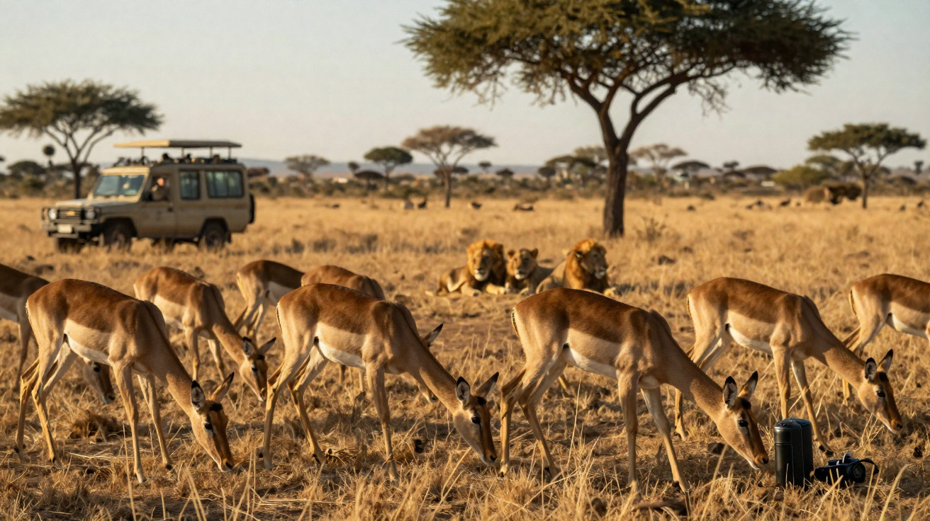 Antílopes pastando na savana africana com três leões ao fundo e jipe estacionado distante.