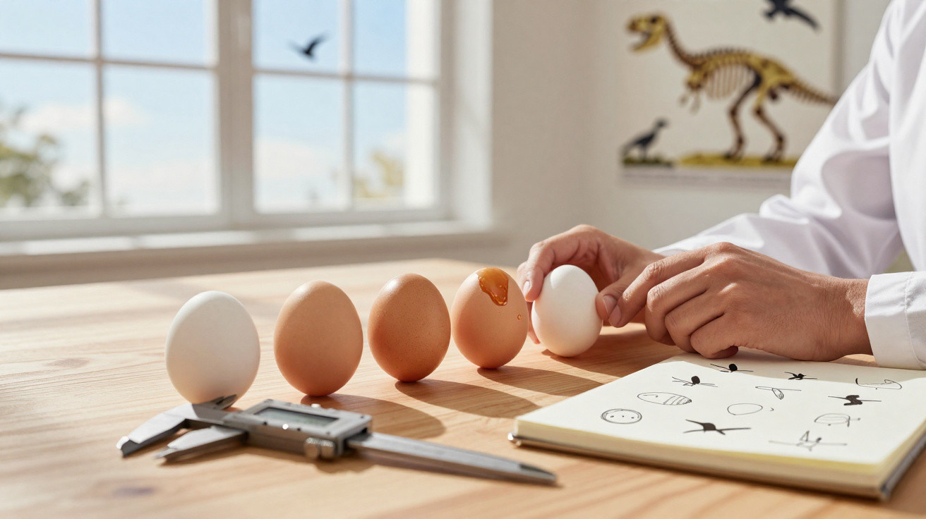 Cinco ovos alinhados na mesa ao lado de um paquímetro e um caderno com desenhos, mãos manipulando um ovo branco.