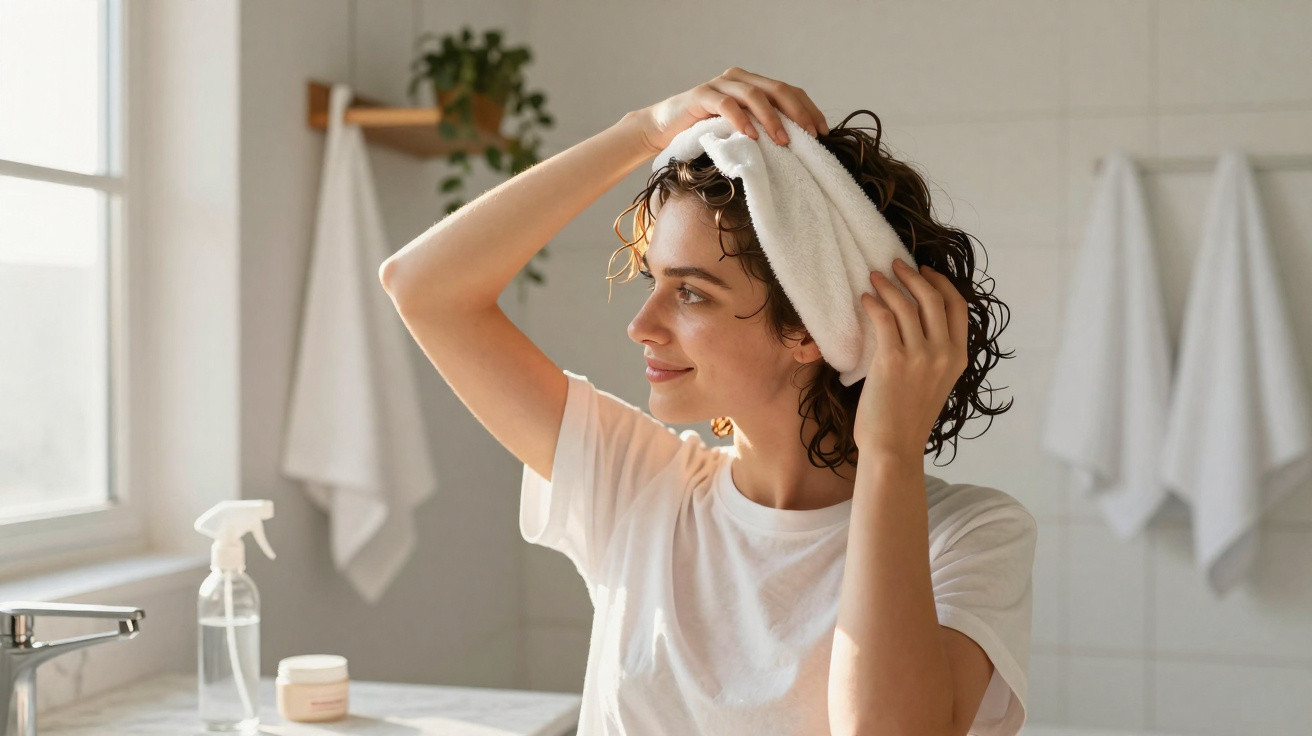Mulher sorridente usando toalha branca em seu cabelo em banheiro iluminado e organizado.