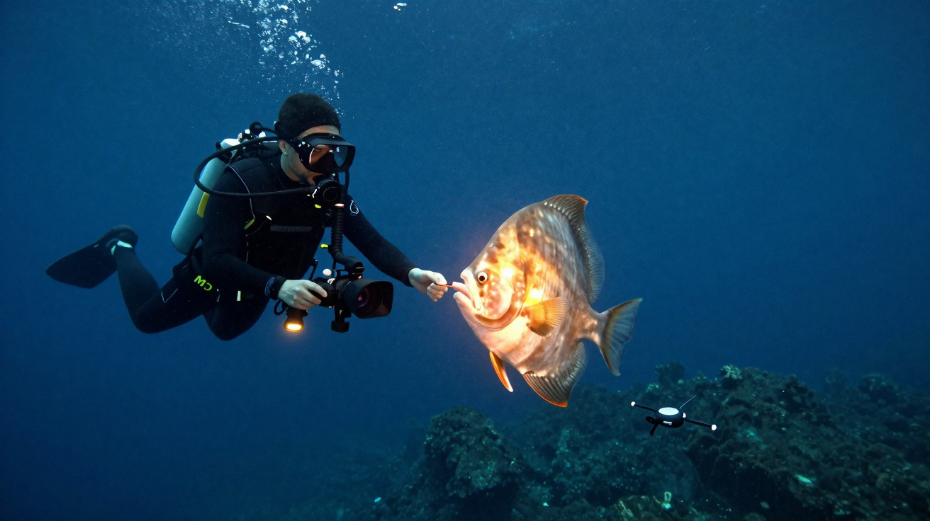 Mergulhador tocando um grande peixe prateado sob água com equipamento de filmagem submarina.