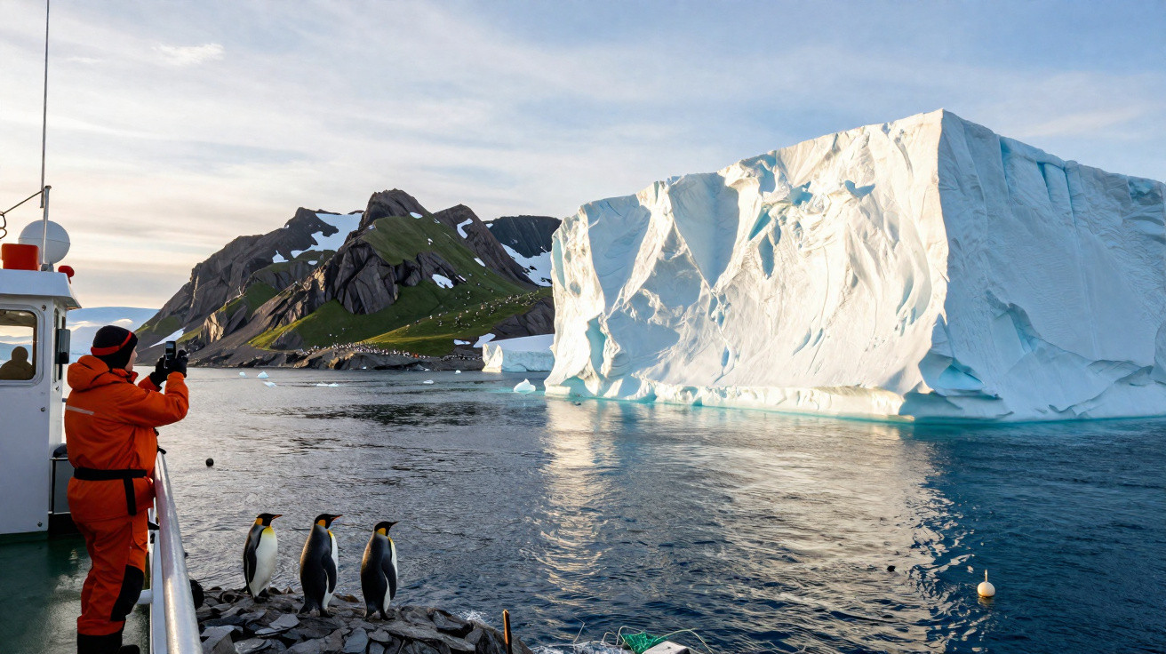 Barco com pessoa fotografando três pinguins em rochas diante de icebergue e montanha ao pôr do sol.