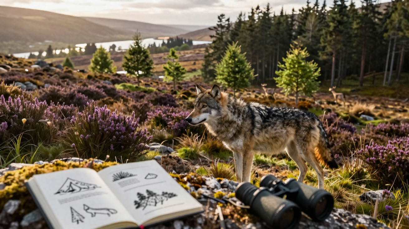 Lobo cinza em campo florido com livro aberto e binóculos em primeiro plano, floresta e colinas ao fundo.