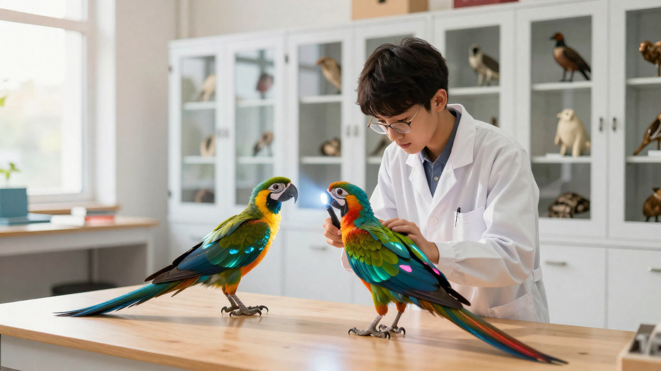 Cientista em laboratório examinando dois papagaios coloridos sobre mesa de madeira.