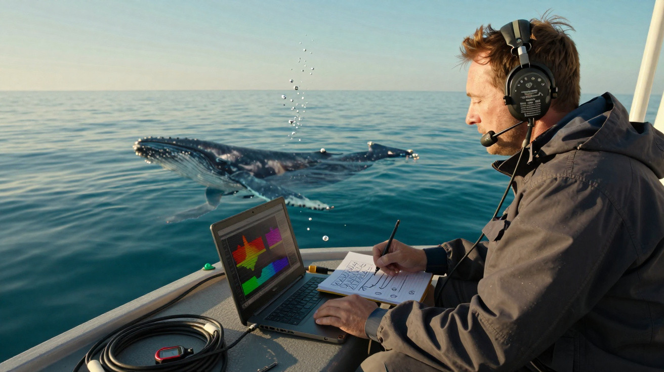 Homem em barco com fones registra dados em notebook e caderno enquanto observa uma baleia no mar calmo.