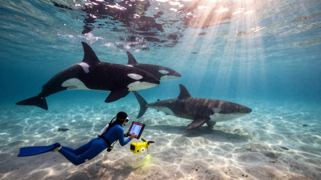 Mergulhador usando tablet próximo a duas orcas e um tubarão no fundo do mar iluminado pelo sol.