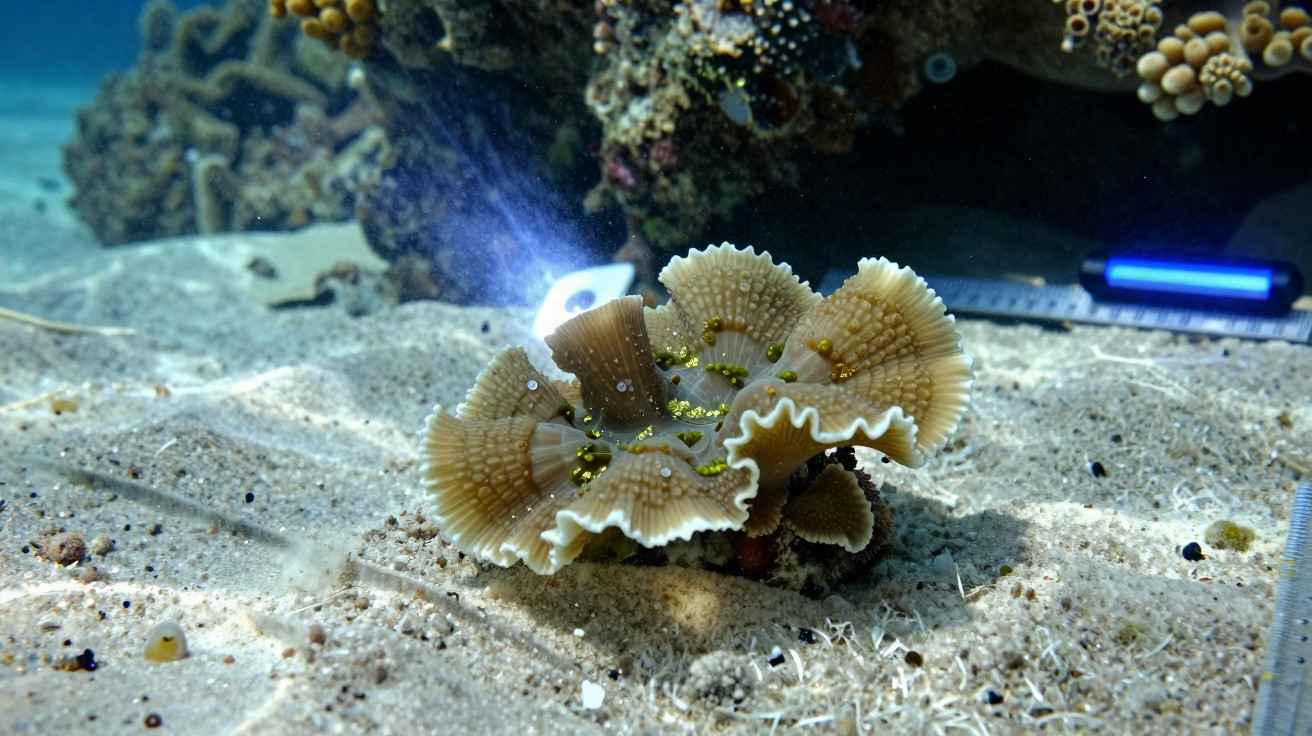 Coral marrom claro em formato de flor no fundo arenoso do oceano com equipamento de mergulho ao redor.