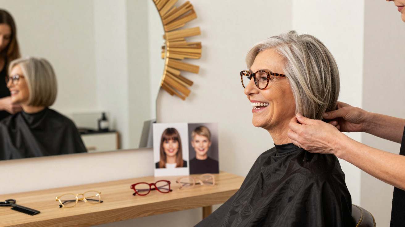 Mulher madura com cabelo curto e óculos, sorrindo enquanto estilista ajeita seu cabelo em salão.