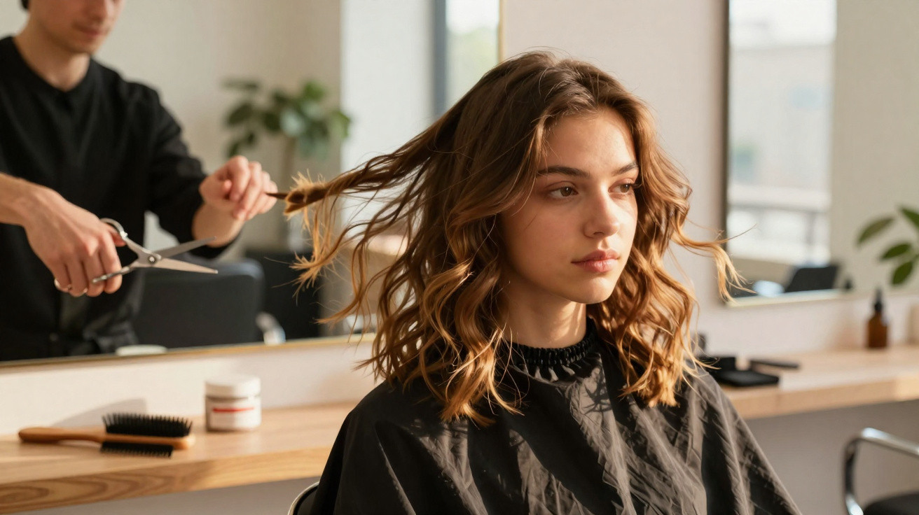 Mulher jovem com cabelo ondulado recebendo corte de cabelo em salão moderno e iluminado.
