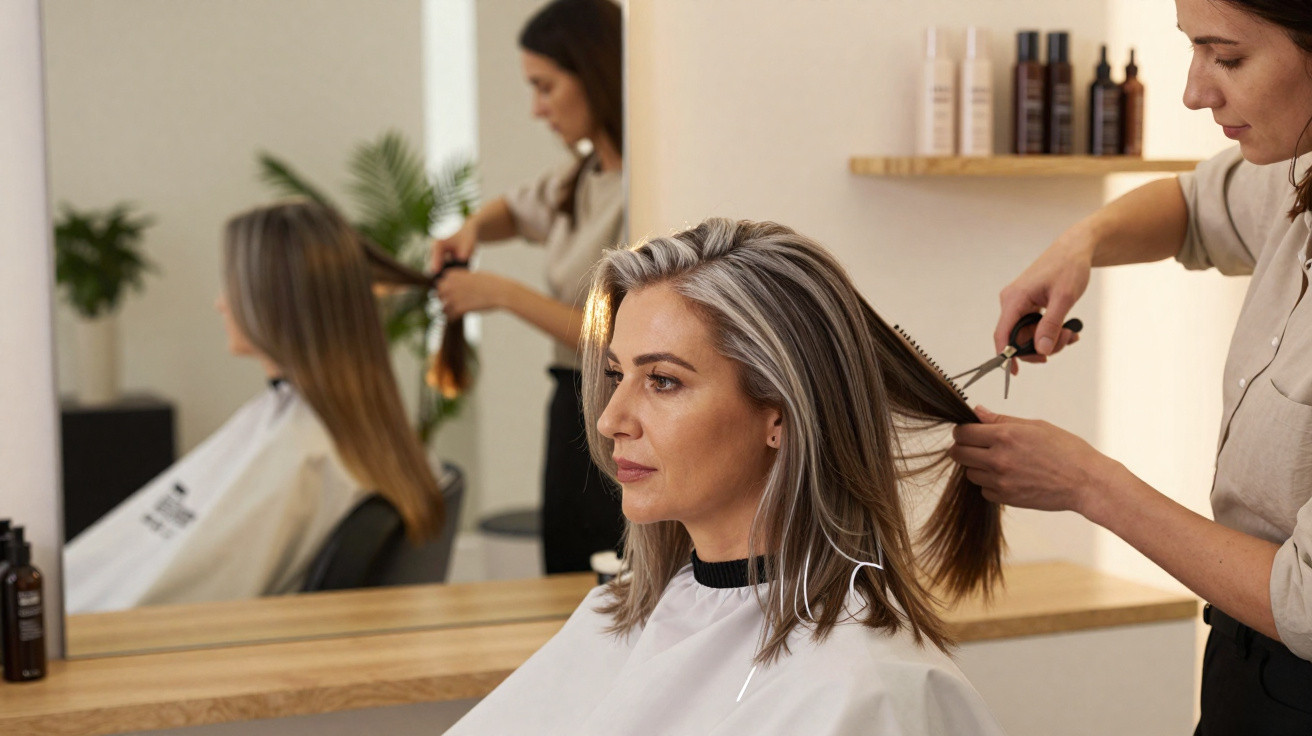 Mulher branca com cabelos grisalhos cortados por cabeleireira em salão moderno com espelho e produtos.