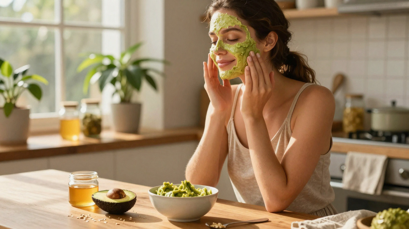 Mulher aplica máscara facial de abacate enquanto está sentada à mesa da cozinha iluminada pela manhã.