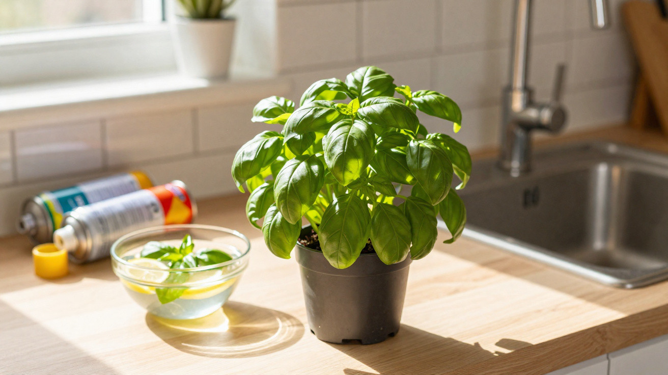 Planta de manjericão em vaso preto sobre bancada de madeira em cozinha iluminada pelo sol.