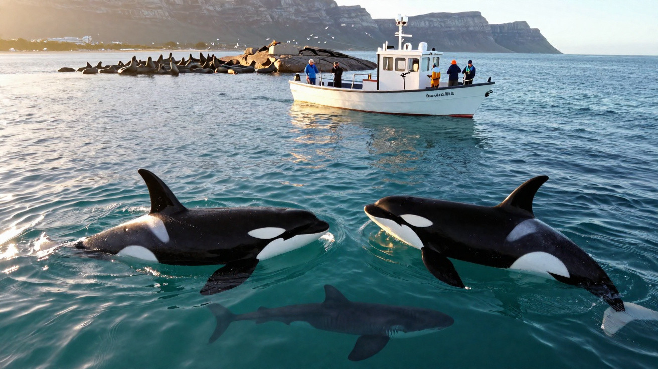 Orcas nadando próximas a um barco de pesca com pessoas no mar e recifes rochosos ao fundo.