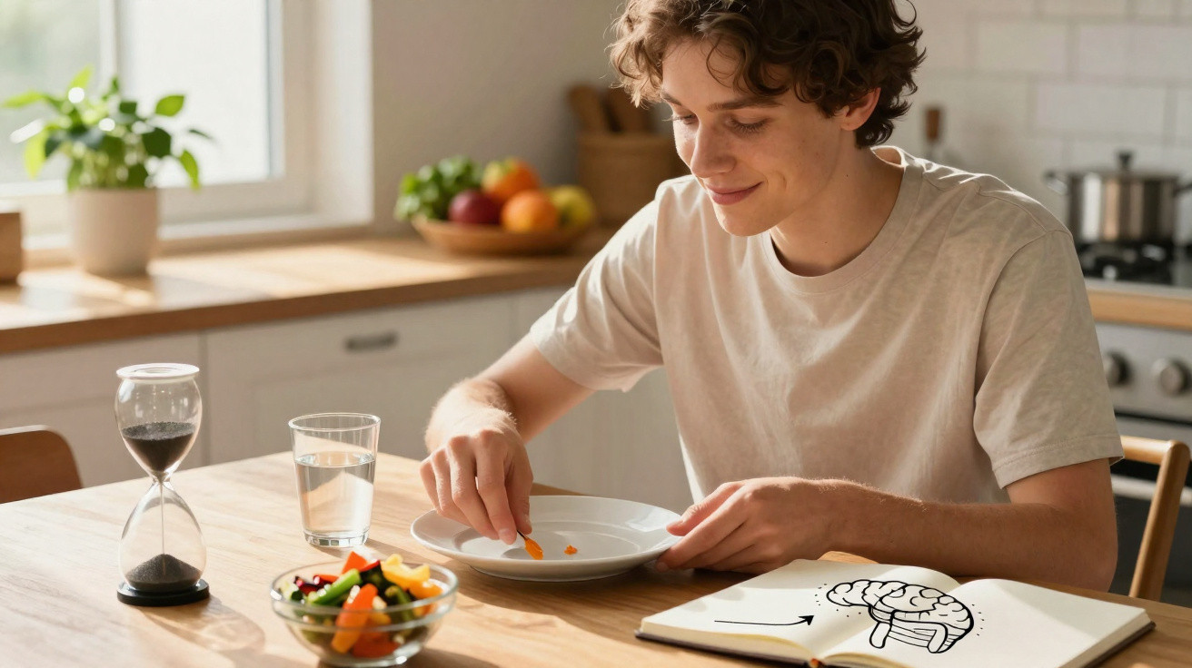 Jovem sentado à mesa montando uma salada, com livro aberto mostrando desenho de cérebro na cozinha iluminada.