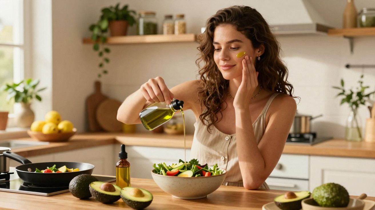 Mulher aplicando óleo no rosto enquanto tempera salada com azeite na cozinha iluminada e decorada com plantas.