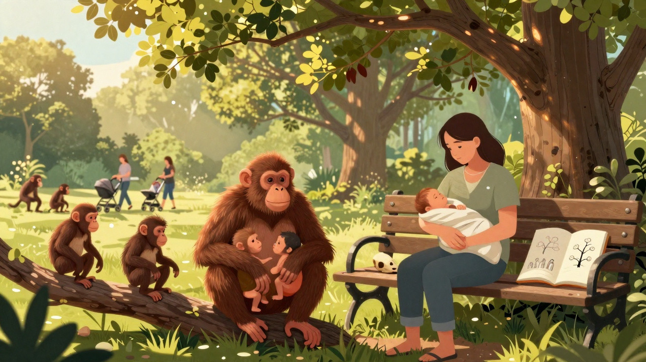 Macaco segurando bebês humanos sentados sob árvore, mulher amamentando bebê no banco no parque ao sol.