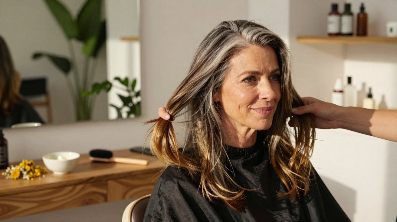 Mulher com cabelos grisalhos sendo preparada para corte em salão de beleza iluminado.
