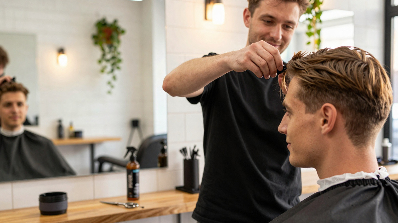 Homem cortando cabelo de cliente em barbearia moderna com espelho e decoração minimalista.