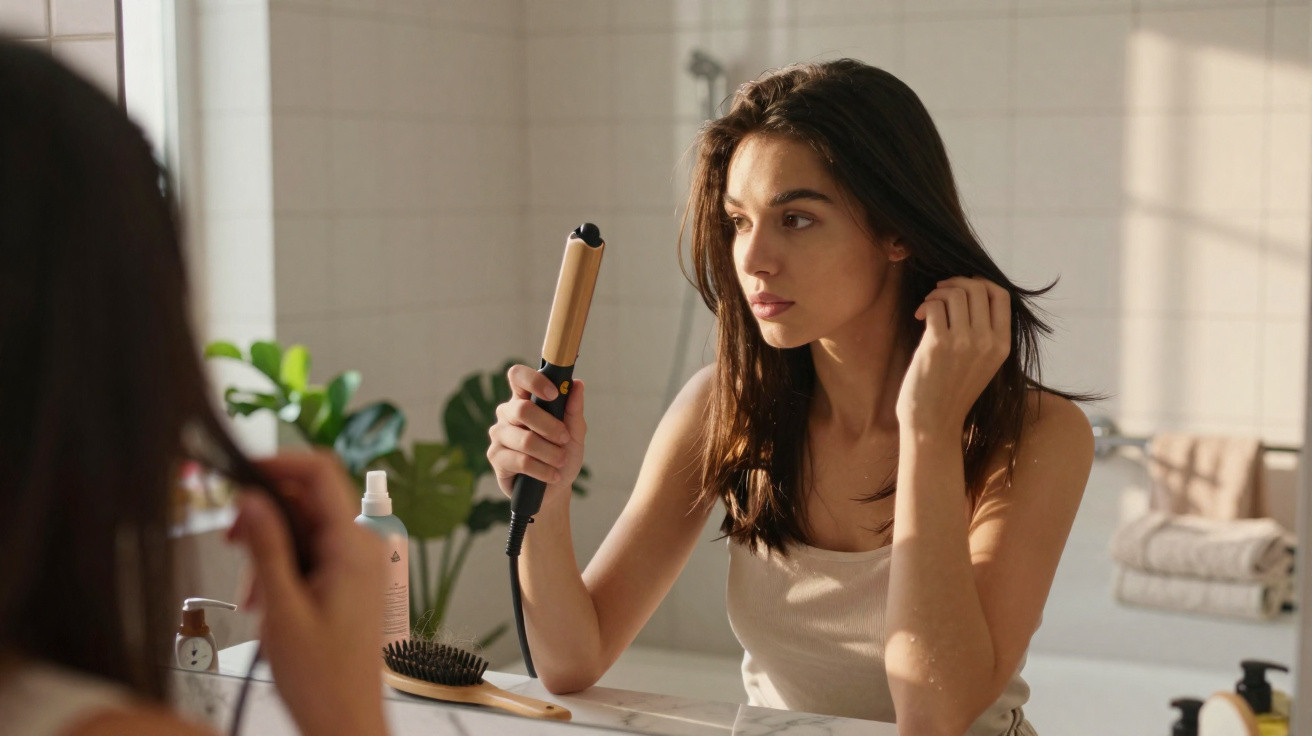Mulher usando chapinha para alisar o cabelo em frente ao espelho no banheiro iluminado.