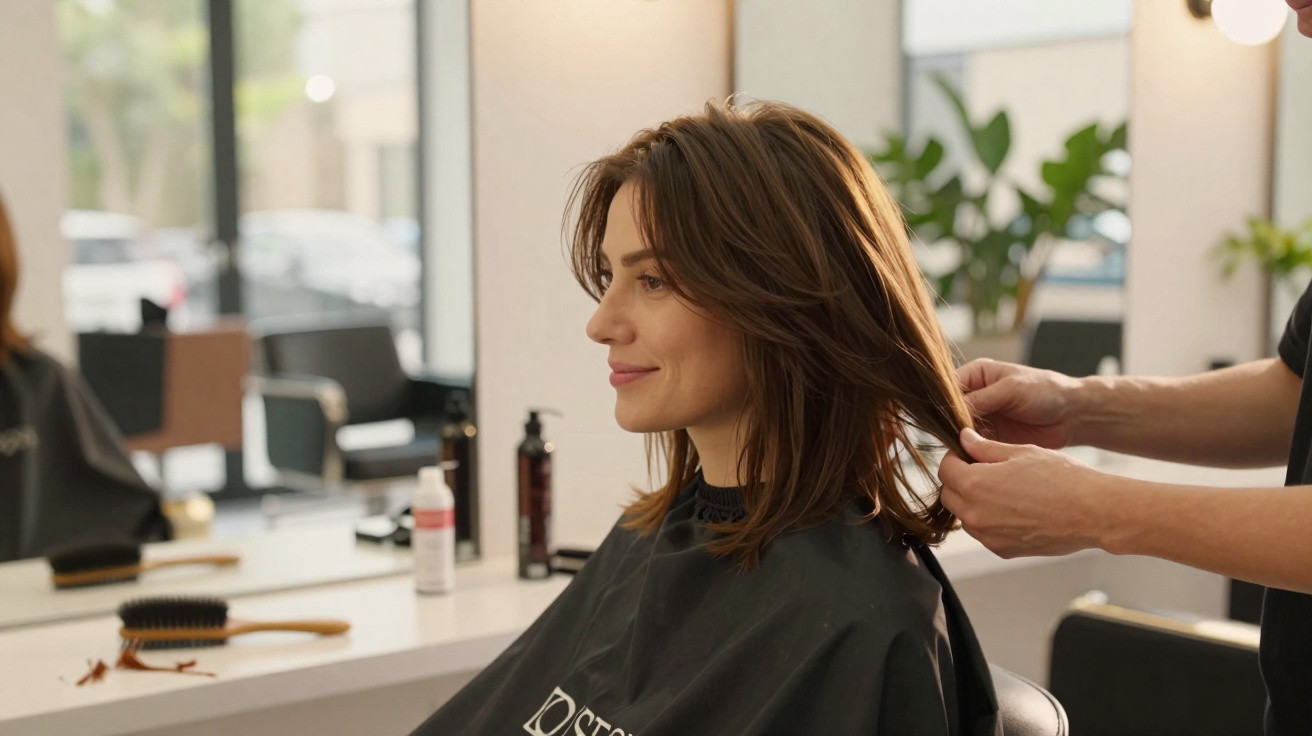 Mulher sorrindo sentada em salão de beleza enquanto cabeleireiro arruma seu cabelo castanho médio.