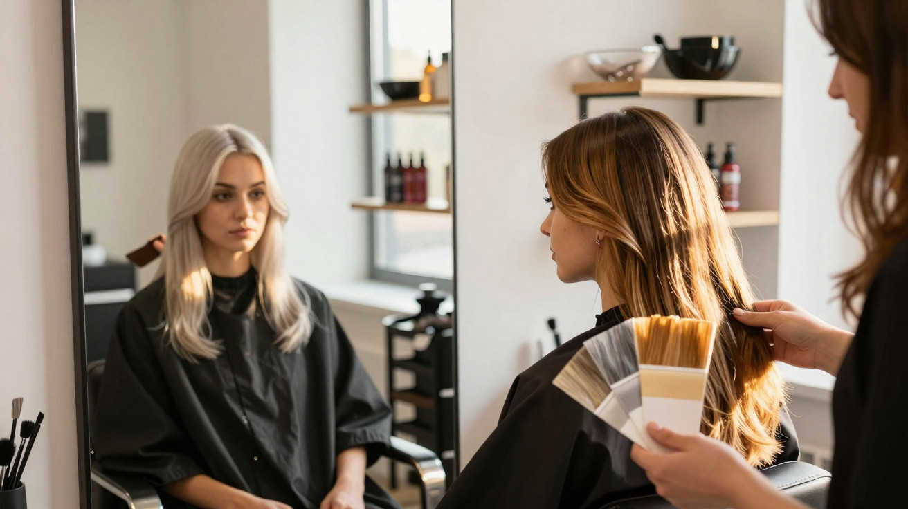 Mulher em salão de beleza sentada em cadeira, sendo atendida e com amostrador de cores de cabelo.