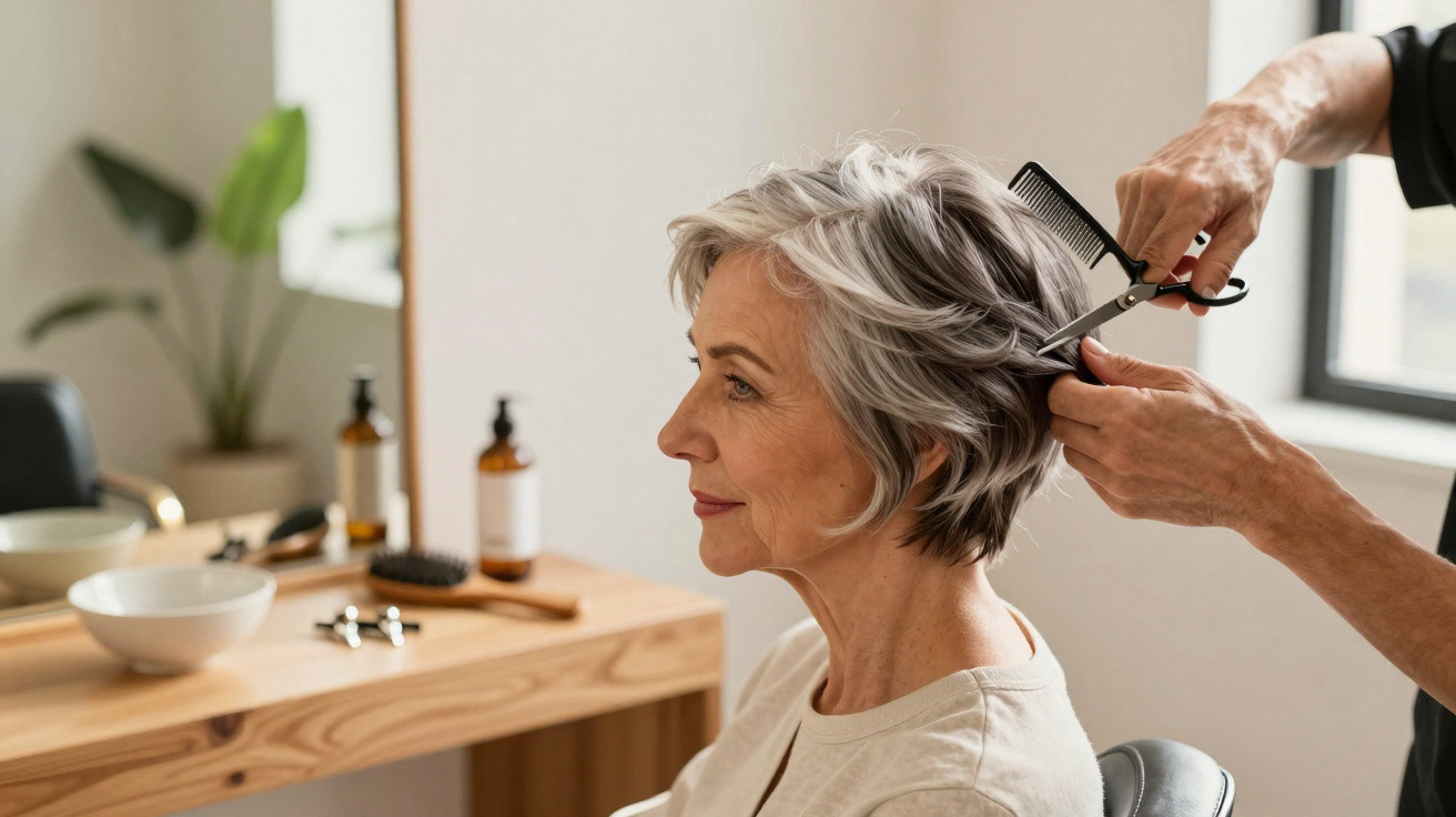 Mulher madura recebendo corte de cabelo por cabeleireiro em salão iluminado e moderno.
