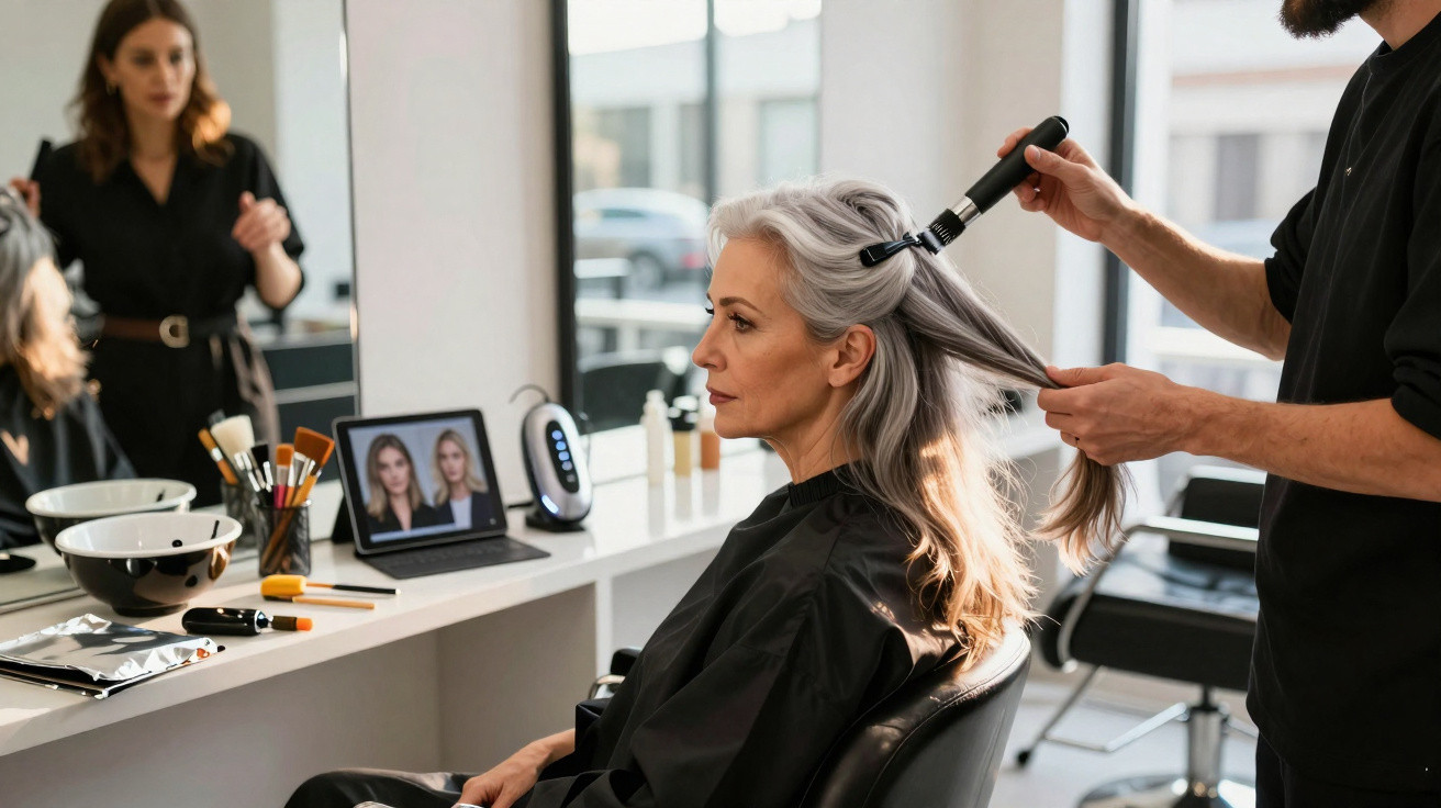 Mulher com cabelo grisalho sendo penteada por cabeleireiro em salão moderno com espelho e maquiagem ao fundo.